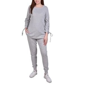 NY Collection Women's Drawstring Sleeve Top and Jogger Set, 2 Piece Gray